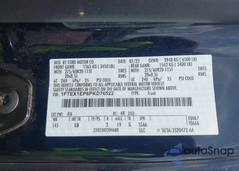 2023 Ford F150 Xl из США, поврежденный, VIN 1FTEX1EP6PKD76522